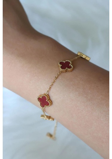 Gold Bordo Doğal Taşlı Premium Çelik Bileklik Gold
