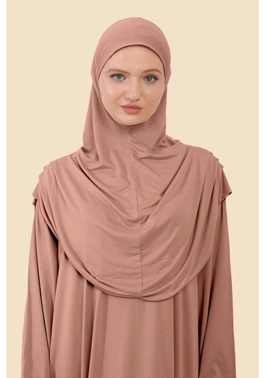 Tek Parça Tesettür Namaz Elbisesi Tak Çıkar Başörtülü Organik Pamuklu Lastikli Kolu Kaymaz Penye Gül Kurusu