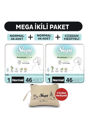 Sleepy Bio Natural Premium Plus Hijyenik Ped Mega Paket Normal 46x2 (92 Adet) + Cüzdan Hediyeli
