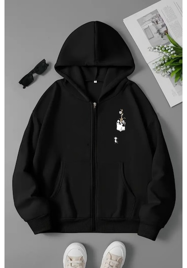 Unisex Siyah Kapüşonlu Fermuarlı Sweatshirt Minik Pandalar Cep Detay Baskılı, Şardonlu Kalın Kumaş Siyah