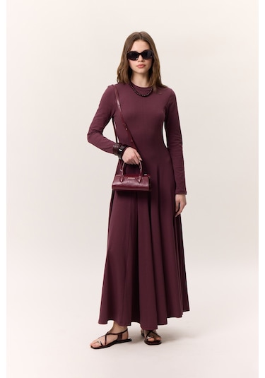 Kuplu Uzun Kollu Elbise Bordo Bordo