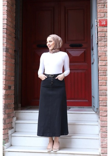 Vellıchor Doğal Kumaşlı Kemerli Kot Etek- 001