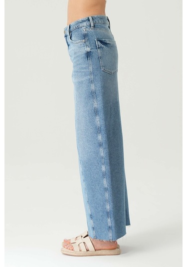 Renk Bloklu Yüksek Bel Patı Fermuarlı Yırtmaçlı Etek Ucu Kesikli Maxi Jean Etek C 4532-055 Çok Renkli