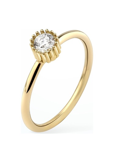 14 Ayar Altın Kaplama Yuvarlak Kesim Tektaş Gümüş Yüzük - Rs00102 Altın