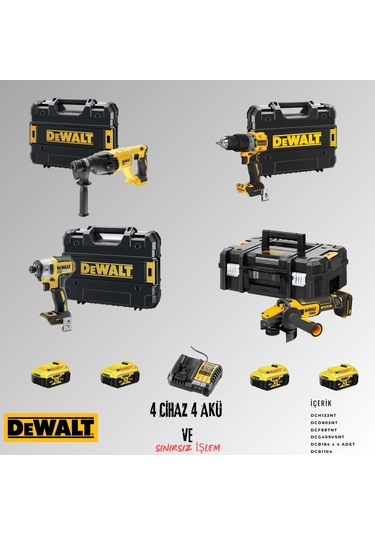 Dewalt DCH133NT + DCD805NT + DCF887NT + DCG409VSNTT 4 Adet 5 Amper Akü + Şarj Aleti Set