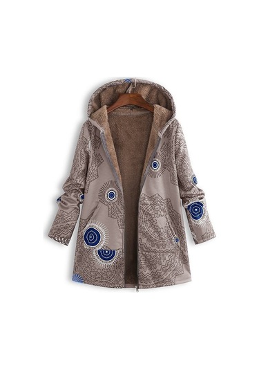 Yeni Kadın Yaprak Baskılı Kapşonlu Uzun Kollu Retro Ceket Sıcak Kahve Kahverengi