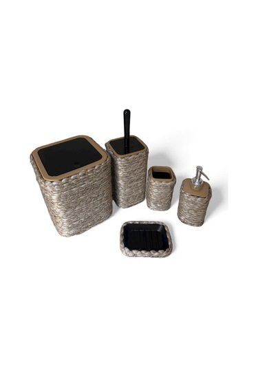 Doğal Dokulu Hasır Görünümlü 6 Parça Banyo Takımı Zarif Ve Modern Gri