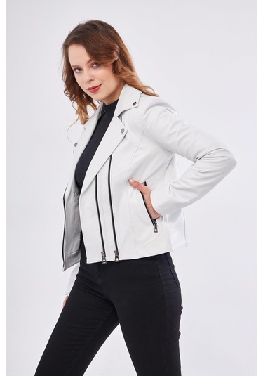Derinss Dka1202 Hakiki Deri Kadın Beyaz Mont 001