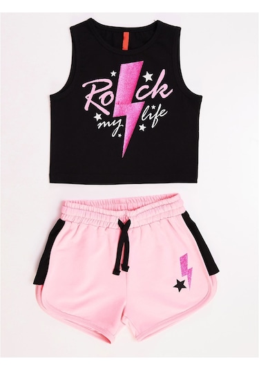Denokids Mushi Rock Life Kız Çocuk Şort Takım Çok Renkli