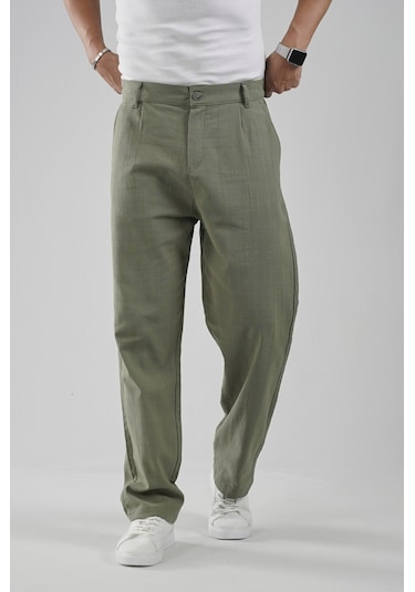 Baggy Fit Kalıp Pamuklu Keten Pantolon Haki