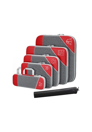 6'lı Seyahat Sıkıştırma Kutuları Seti - Genişletilebilir Mesh Tulumlu El Çantasıyla Giyim Organizer Kırmızı