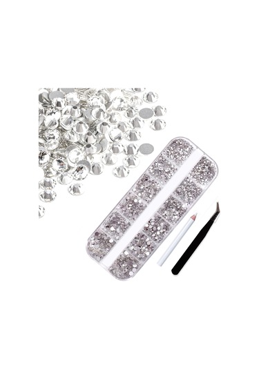 Kangvka 12 Izgara Tırnak Sanatı Cam Düz Tabanlı Elmas Seti - Beyaz Elmas + Kalem + Pinçer Tırnak Aletleri Çok Renkli