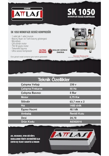Attlas SK1050 230 V 8 Bar 50 LT Monofaze Sessiz Kompresör