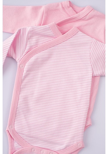2'li %100 Pamuk Uzun Kollu Kruvaze Bebek Çıtçıtlı Body Zıbın Pembe-pembe Pembe
