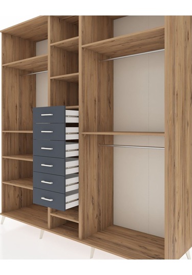 Kronos Dolap 10 Raflı 6 Çekmeceli 3 Askılı 220x59x243 Çam-çam/antrasit Atlas Çam/antrasıt