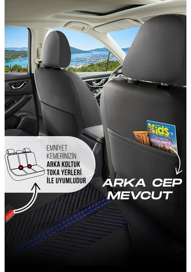 Siyah - Mavi Garni Panda Monte Carlo Serisi Velor Kadife Kumaş Oto Koltuk Kılıfı - Tam Set