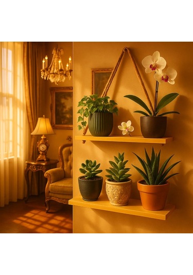 2'li Dekoratif Ahşap Halatlı Duvar Rafı Kitaplık & Çiçeklik Uçan Raf 30cm Genişlik X 9cm Derinlik Krem