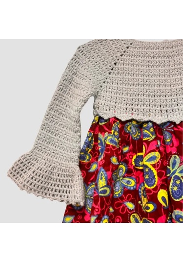 Uretti - Filiz 9248 - Kız Çocuk Örme Robalı Kelebek Desenli Pazen Kumaş Elbise 4 Yaş - Mavi Mavi