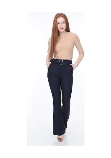 Bluence Beli Kemerli Ispanyol Paça Lacivert Kumaş Pantolon Lacivert