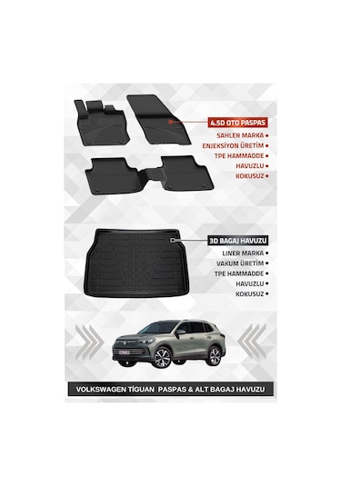 Sahler Volkswagen Tiguan 2024+ Uyumlu 4.5d Premium Havuzlu Paspas Ve Liner Marka 3d Alt Bagaj Havuzu