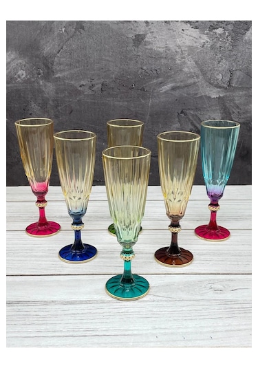 6 Lı Çift Renkli Cam Ayaklı Kahve Yanı Su Bardağı Bardak 180ml Çok Renkli