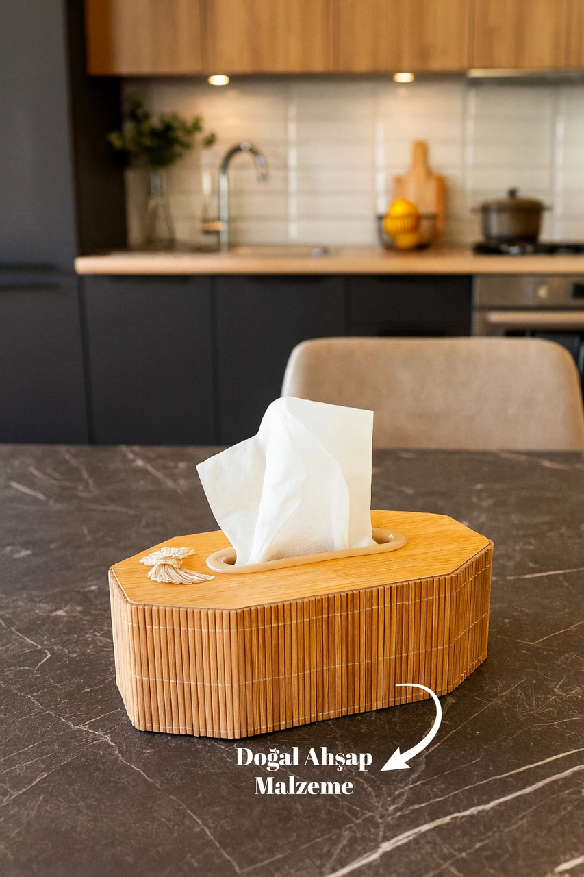 Ahşap Dikdörtgen Peçetelik Doğal Ahşap Desenli Dekoratif Mendil Kutusu Ams1082 Ahşap