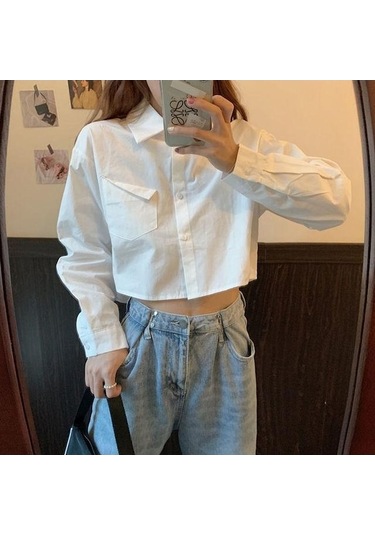 Novahub Gömlek Kadın Kırpılmış İnce Beyaz Giyim Uzun Kollu Kolej Cepler Günlük Günlük Düz Basit Tasarım Şık Tüm Maç Beyaz - L Beyaz