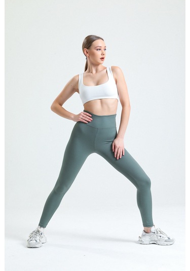 Haki Yüksek Bel Fitilli Toparlayıcı İnterlok Örme Şardonlu Spor Kışlık Tayt Haki