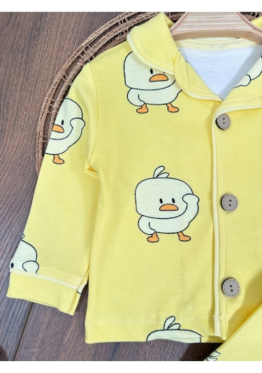 Kruvaze Yaka %100 Pamuk Önden Düğmeli Mevsimlik Ünisex Bebek Ve Çocuk Pijama Takımı 4bb2 Sarı