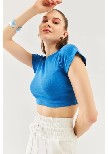 Kadın Kısa Kol Bisiklet Yaka Vücuda Oturan %100 Pamuklu Kaşkorse Esnek Crop Bluz Parlament