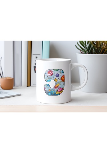J Baş Harf Gezegen Desenli Kupa Bardak - Kişiye Özel Evren Temalı Kahve Çay Kupası - Gökyüzü Beyaz