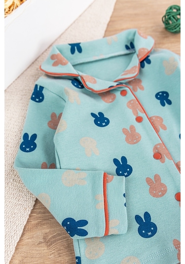 Önden Çıt Çıtlı Tavşan Desenli Yeşil Pamuklu Erkek Bebek/çocuk Pijama Takımı 001