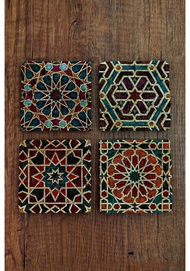 Doğal Taş Bardak Altlığı Geometrik Desenler- Selçuklu Desenleri 4'lü Set 10x10x1 Cm Stone Coasters Çok Renkli