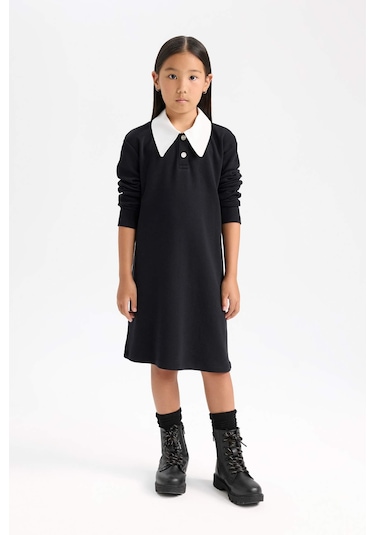 DeFacto Kız Çocuk Gömlek Yaka Basic Düz Uzun Kollu Siyah Elbise D7421A824WNBK27 Siyah