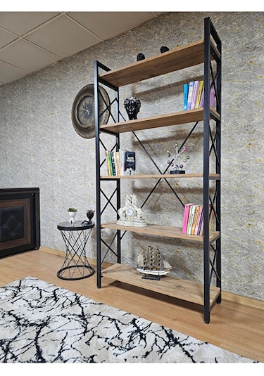 Siyah Boyalı Kitaplık - 5 Raflı Suntalem Lüks Kitaplık Atlas Çam Çok Renkli