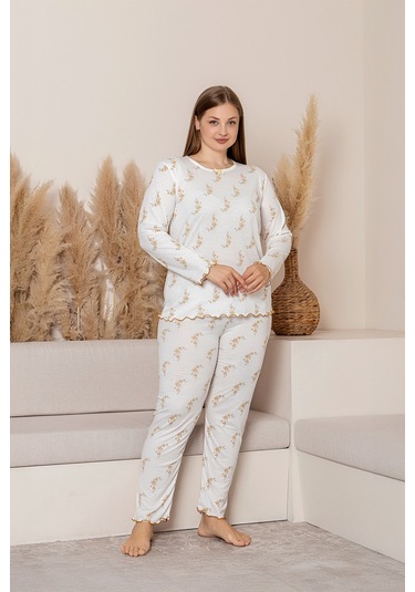 Uzun Kollu Büyük Beden Kadın Pijama Takımı- Çiçek Desenli Pijama - Pinterest Basic Kadın Pijama Hardal