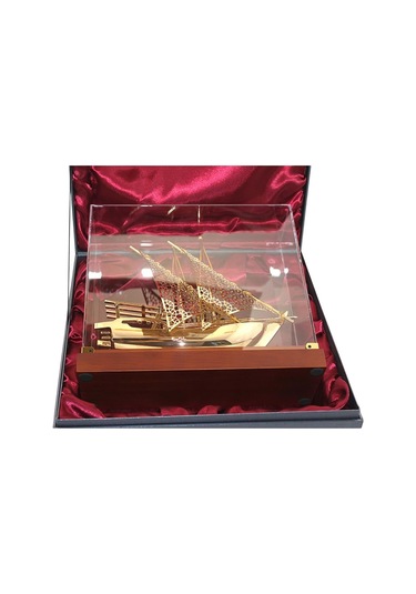 Pirinç Yelkenli Gemi Altın Kaplama Katar Dhow Teknesi Kutulu 29cm No.1