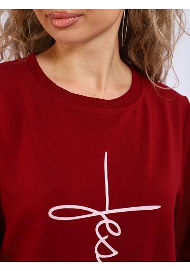 Bakr Textil Baskılı, İçsiz, Kapüşonsuz Oversize Sweatshirt 446720688 Bordo