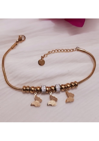 Giftworld Kelebek Charmlı Çelik Bileklik Altın