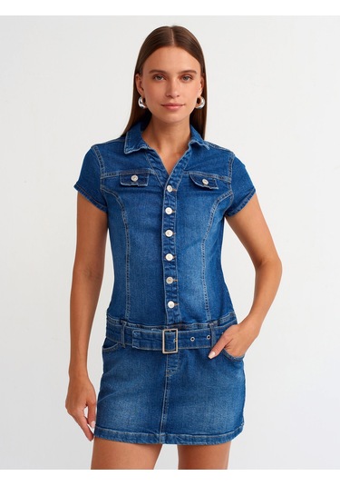 Dilvin Düğmeli Denim Mini Elbise Mavi