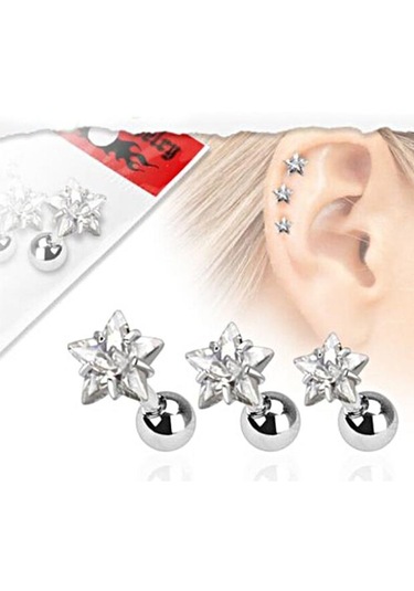 Suntek 3 Boyutlu 316l Çelik Yıldız Şeffaf Zirkon Kulak Gümüş