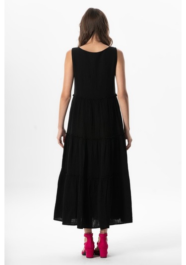 Kolsuz Artemis Oval Yaka Yıldız Baskılı Midi Boy Müslin Yazlık Elbise Siyah Syh Siyah