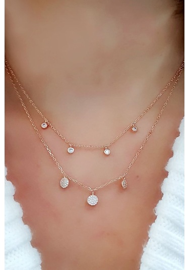 Swarovski Taşlı 925 Ayar Gümüş Rose Ikili Kolye