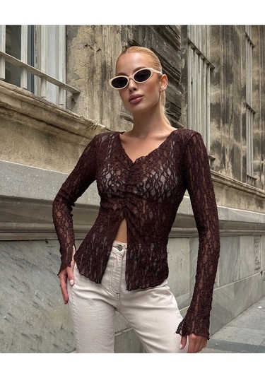 Kadın V Yaka Full Esnek Dantel Bürümcük Spor Şık Tasarım Asimetrik Kesim Gece Bluzu Kahverengi
