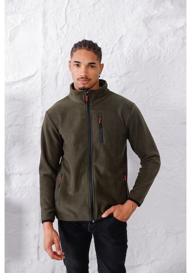 Monox Erkek Biyeli Fermuarlı Spor Polar Ceket Haki