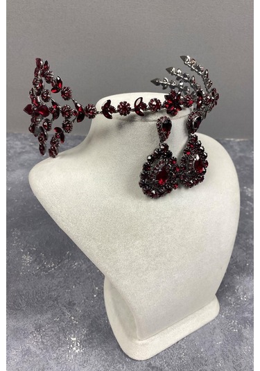 FdayAksesuar Aksesuar Gelin Tacı Seti Bordo Çift Taraflı Selen Model Kına Gelin Tacı Ve Damla Taşlı Küpe Takımı FRDY31674