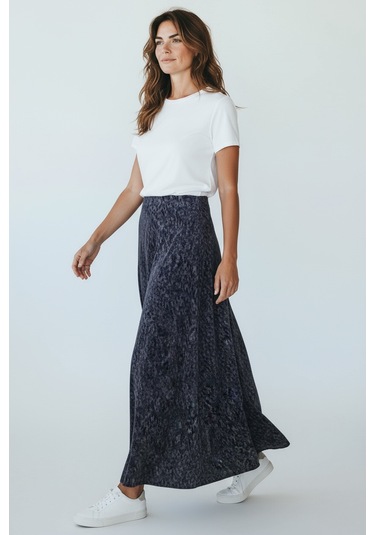 Kadın Beli Lastikli Desenli Sekiz Parça Balık Etek Mavi