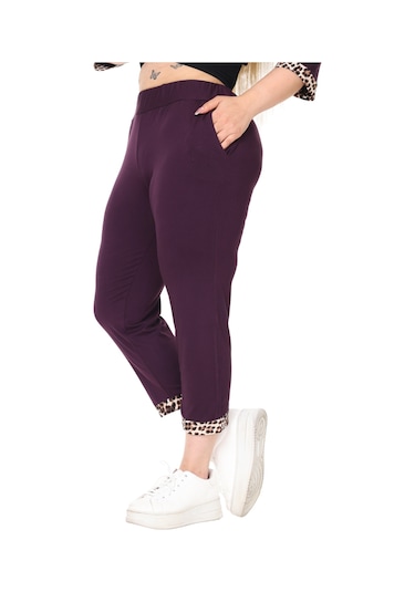 Melsay Butik Mor Leopar Şeritli Büyük Beden Kadın Kapri Takımı Mor
