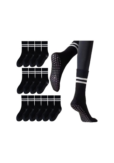 Padalink 8 Çift Siyah Profesyonel Antir Kayma Yoga Çorapları - Pilates, Barre, Dans İçin Orta Boy Spor Çorapları Diğer