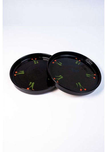 2 Li Takım Siyah Beyaz Kiraz Desenli El Yapımı Kazan Seramik Kahve Fincanı, Kahve Fincanı Beyaz